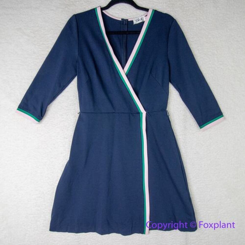 Eliza J‎ Contrast Trim Surplice V-Neck Wrap blue Dress, size 8 - Picture 2 of 16